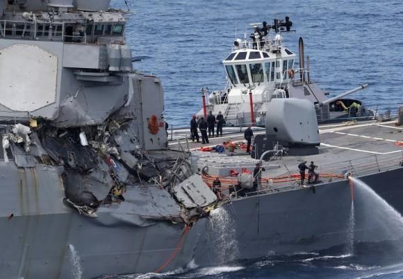 Damages on the guided missile destroyer the USS Fitzgerald off Shimoda coast after it collided with a Philippine-flagged container ship on June 17, 2017. (STR/AFP/Getty Images)