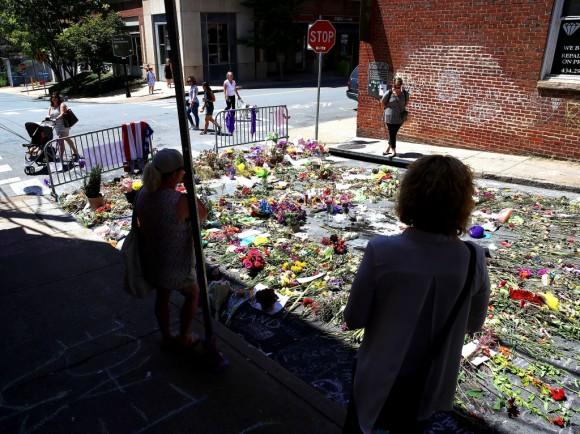 Flowers lay on the street where Heather Heyer was killed and 19 others injured when a car slammed into a crowd of people protesting against a white supremacist rally, Aug. 18, 2017, in Charlottesville, Va. (Mark Wilson/Getty Images)