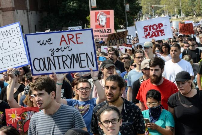 A large crowd of people marches toward Boston Common to protest the Boston Free Speech Rally in Boston, Mass., Aug. 19, 2017. (Stephanie Keith/Reuters)