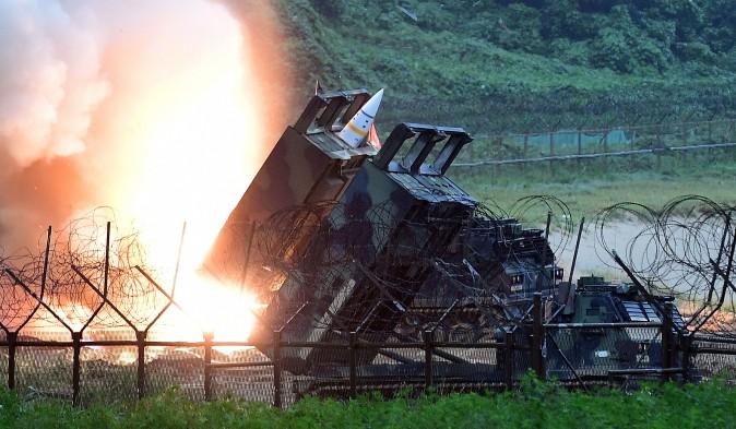 In this handout photo released by the South Korean Defense Ministry, the U.S. Army Tactical Missile System (ATACMS) fires a missile into the East Sea during a South Korea-U.S. joint missile drill aimed to counter North Korea¡¯s ICBM test on July 29, 2017, in East Coast, South Korea. (South Korean Defense Ministry via Getty Images)