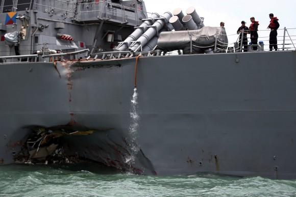 The U.S. Navy guided-missile destroyer, the USS John S. McCain after a collision in Singapore waters on Aug. 21, 2017. (Ahmad Masood/Reuters)