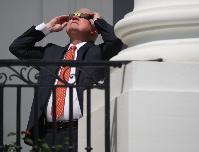 Attorney General Jeff Sessions in special glasses viewing the solar eclipse at the White House on Aug. 21, 2017. Millions of people have flocked to areas of the United States that are in the path of totality in order to experience a total solar eclipse. (Mark Wilson/Getty Images)