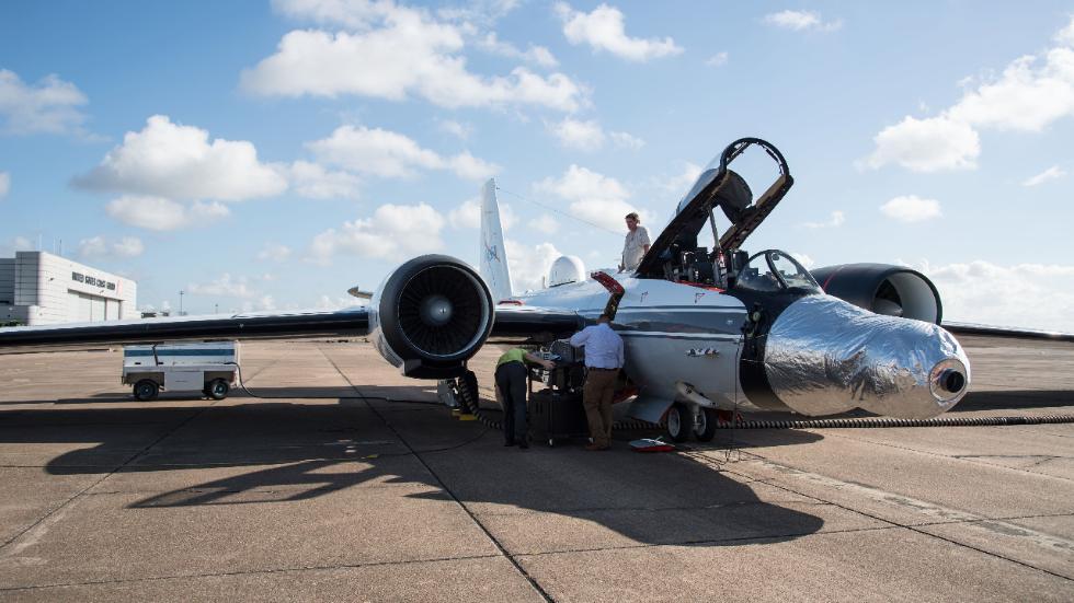 A WB-57F jet at NASA's Johnson Space Center in Houston. The instruments are fitted under the silver casing on the jet's nose. (NASA's Johnson Space Center/Norah Moran)