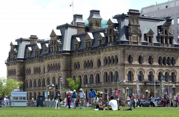 The Langevin Block building across from Parliament Hill was renamed the Office of the Prime Minister and Privy Council by the federal government out of respect for Indigenous Peoples. Sir Hector-Louis Langevin, one of the Fathers of Confederation, played a role in the establishment of the residential school system. (THE CANADIAN PRESS/Adrian Wyld)