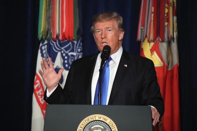 President Donald Trump speaks on his administration's strategy for the war in Afghanistan at Fort Myer in Arlington, Va., on Aug. 21. (Mark Wilson/Getty Images)