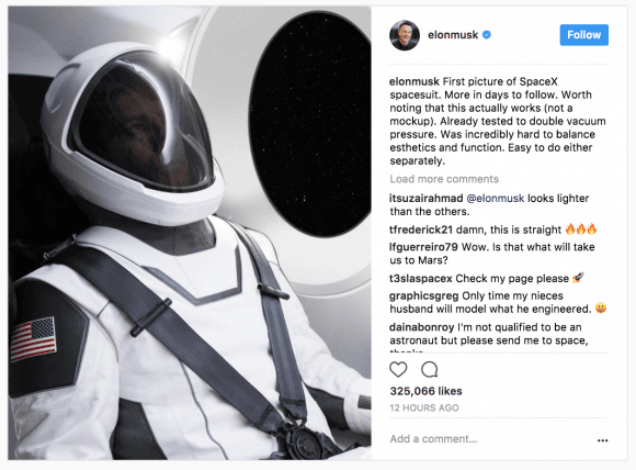 Elon Musk unveils SpaceX spacesuit. (Screenshot via Instagram/elonmusk)