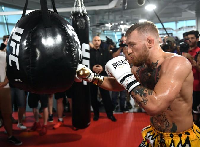 UFC lightweight champion Conor McGregor hits an uppercut bag during a media workout at the UFC Performance Institute in Las Vegas, Nev., on Aug. 11, 2017. McGregor fought Floyd Mayweather Jr. in a boxing match at T-Mobile Arena on Aug. 26 in Las Vegas. (Ethan Miller/Getty Images)