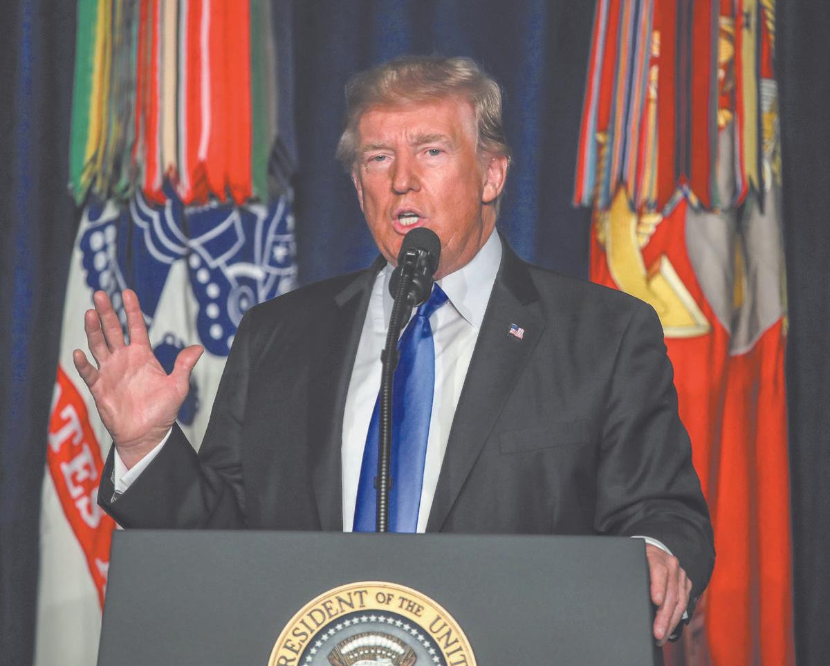 President Donald Trump speaks on his administration's strategy for the war in Afghanistan at Fort Myer in Arlington, Va., on Aug. 21. (MARK WILSON/GETTY IMAGES)