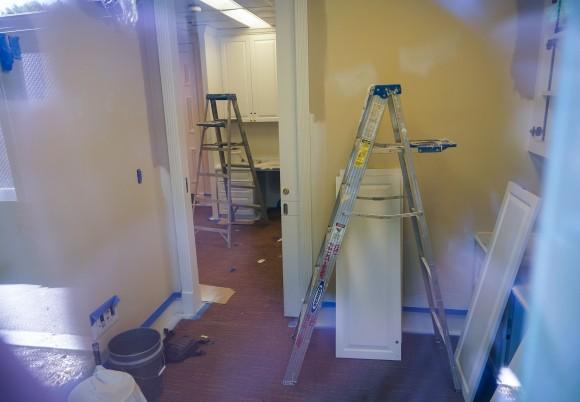 Ladders are seen inside of a press office in the West Wing of the White House as it undergoes renovations on Aug. 9, 2017. Workers were working under a tight deadline to perform all the necessary renovations. (MANDEL NGAN/AFP/Getty Image