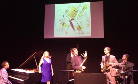 Al Hirschfeld's cartoons provide a backdrop to the "Songbook Summit" with (L–R) Jeb Patton on piano, Molly Ryan on vocals,  Neal Miner on bass, Peter Anderson and Will Anderson on saxophones, and drummer Phil Stewart. (Julie Jordan)