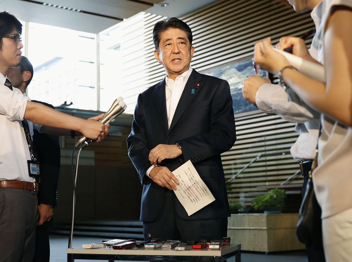 Japanese Prime Minister Shinzo Abe speaks to reporters about North Korea's missile launch in Tokyo, Japan in this photo taken by Kyodo on Aug. 29, 2017. (Kyodo/via REUTERS)