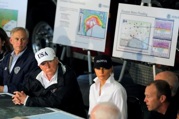 President Donald Trump and first lady Melania Trump receive a briefing on Hurricane Harvey in Corpus Christi, Texas, on Aug. 29, 2017. (REUTERS/Carlos Barria)