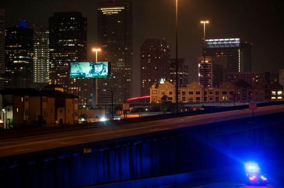 A police car is seen after the Mayor of Houston, Sylvester Turner, imposed a citywide curfew in the aftermath of Hurricane Harvey Aug. 29, 2017, in Houston, Texas. (Brendan Smialowski/AFP/Getty Images)
