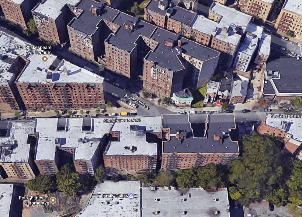 Aerial rendering of area near 1191 Anderson Ave. in the Bronx borough of New York City. (Google Maps)