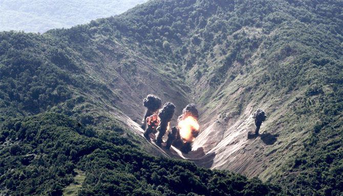 Munitions from a U.S. Air Force, U.S. Marine Corps, and Republic of Korea air force bilateral mission explode at the Pilsung Range, South Korea. (U.S. Air Force photo by Staff Sgt Alex Fox Echols III/Released)