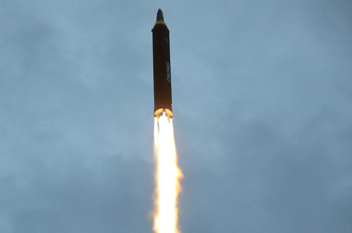 A missile is launched during a long and medium-range ballistic rocket launch drill in this undated photo released by North Korea's Korean Central News Agency (KCNA) in Pyongyang on Aug. 30, 2017. (KCNA/via REUTERS)