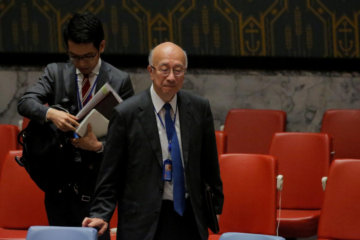 Japan's U.N. Ambassador Koro Bessho stands following a meeting by the United Nations Security Council on North Korea at the U.N. headquarters in New York City on Aug. 29, 2017. (REUTERS/Andrew Kelly)