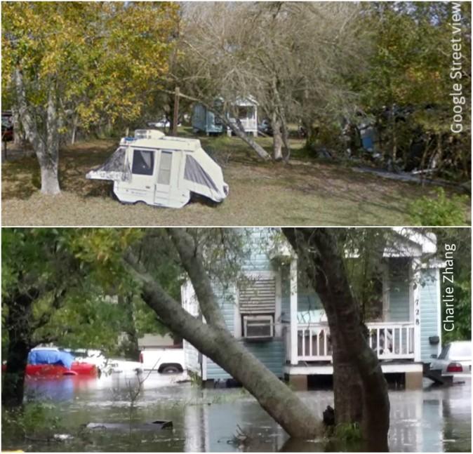 Property in Rosharon, Texas, before and after Harvey flooding. (Google Street View/Charlie Zhang)