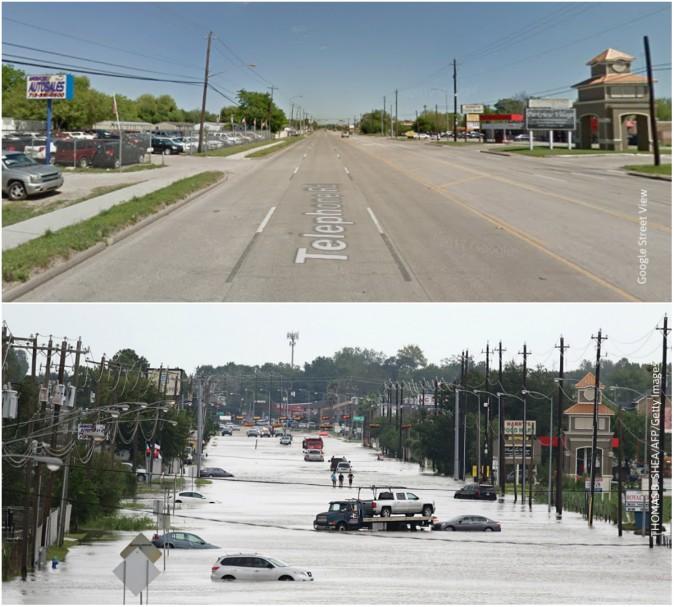 Before and after Hurricane Harvey at Telephone Rd, Houston. (Google Street View/THOMAS B. SHEA/AFP/Getty Images)