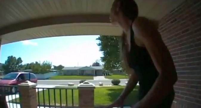 He said that a package for his pregnant wife arrived at his home Monday, but security cameras captured a woman approaching the porch and stealing the item. (YouTube/screenshot)