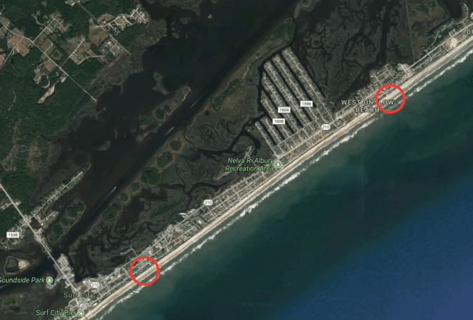 The area in Surf City, N.C., where Zachary Kingsbury escaped police (bottom circle) and (top circle) where he was apprehended three hours later in North Topsail Beach, N.C., on Aug. 30, 2017. (Screenshot via Google Maps)
