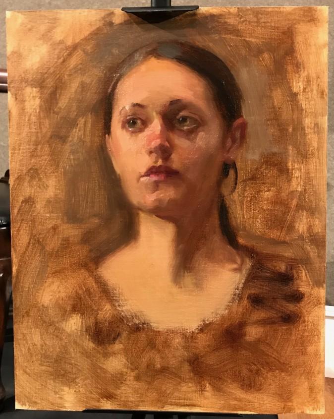 Oil painting sketch by Richard Piloco, the first prize winner of the Oil Portrait Sketching Competition at the Salmagundi Club in New York, Aug. 26, 2017. (Milene Fernandez/The Epoch Times)