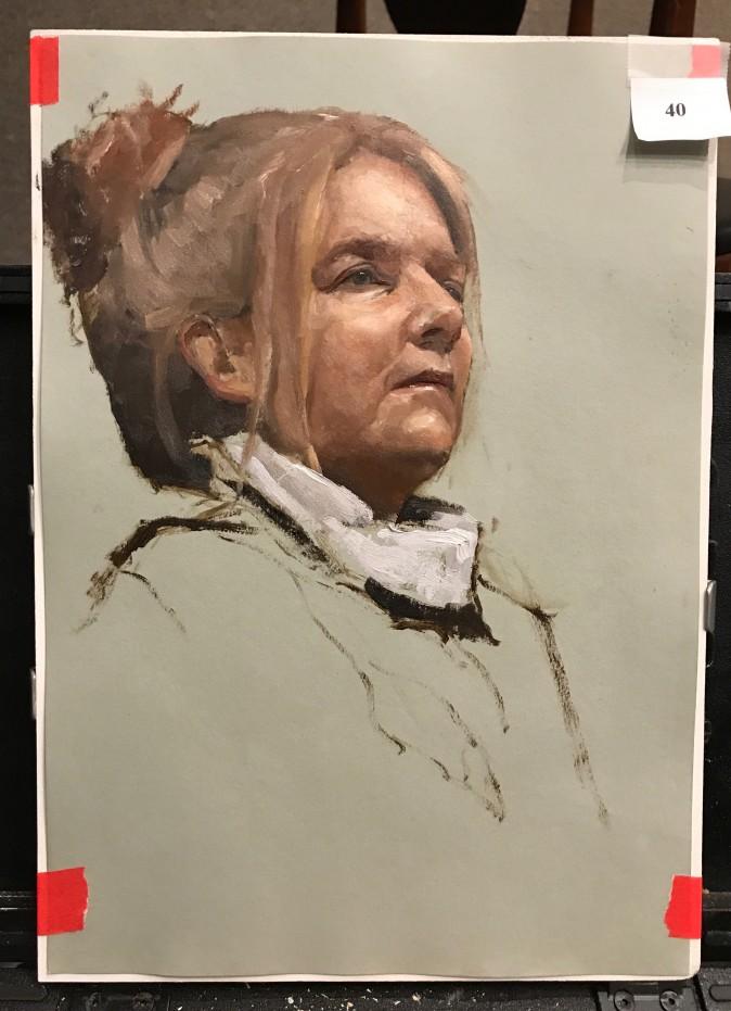 Oil painting sketch by Gregory Mortenson, the second-prize winner of the Oil Painting Sketch Competition at the Salmagundi Club in New York on Aug. 26, 2017. (Milene Fernandez/The Epoch Times)