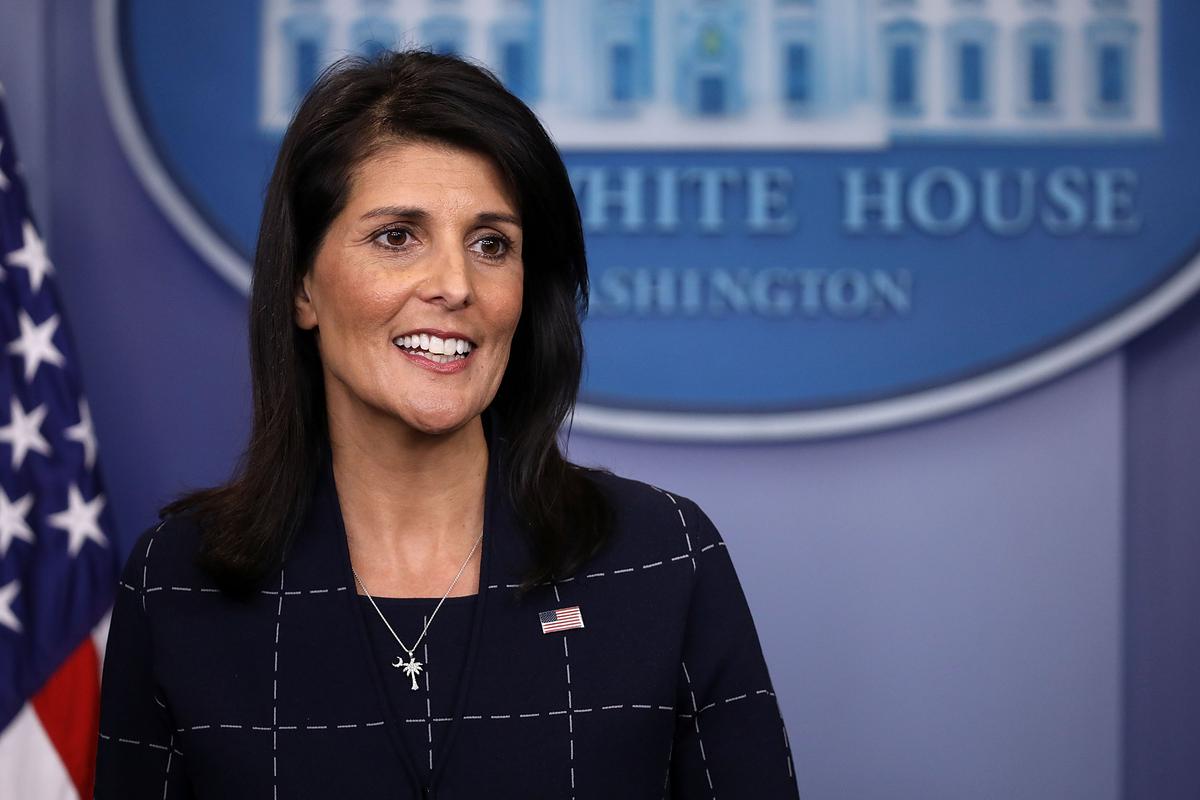 U.S. Ambassador to the United Nations Nikki Haley talks with reporters during the daily press briefing at the White House on April 24, 2017. (Chip Somodevilla/Getty Images)