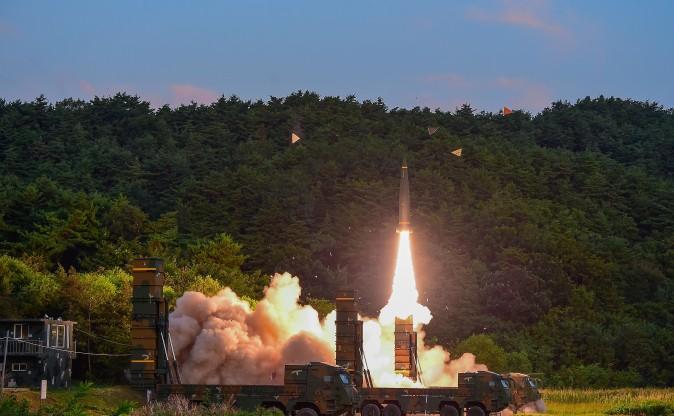 In this handout photo released by the South Korean Defense Ministry, South Korea's Hyunmu-2 ballistic missile is fired during an exercise aimed to counter North Korea's nuclear test on September 4, 2017 in East Coast, South Korea. (Photo by South Korean Defense Ministry via Getty Images)
