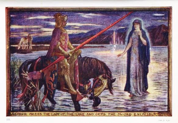 Illustration by H.J. Ford for Andrew Lang's Tales of Romance, 1919. "Arthur meets the Lady of the Lake and gets the Sword Excalibur." (H.J. Ford/Public Domain)