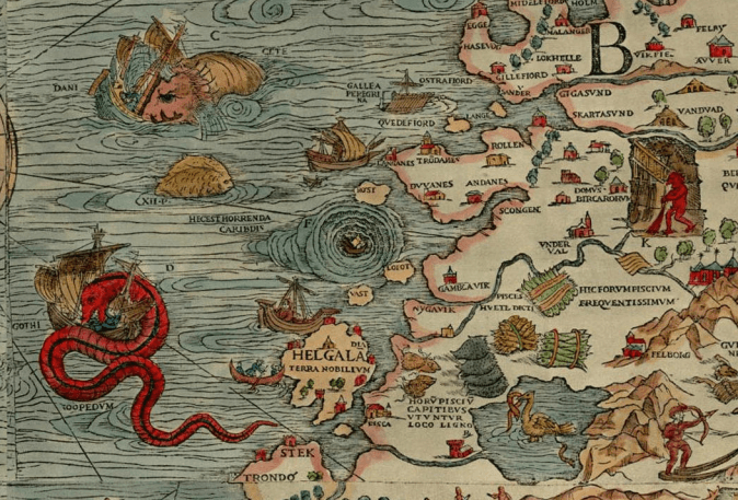 Whirlpools have fascinated for centuries. (The maelstrom off Norway, as illustrated by Olaus Magnus on the Carta Marina, 1539, CC GNU)