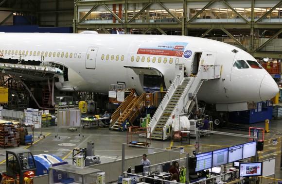 A Boeing 787 being built at Boeing Co.'s assembly facility in Everett, Washington, on June 12, 2017. (AP Photo/Ted S. Warren)