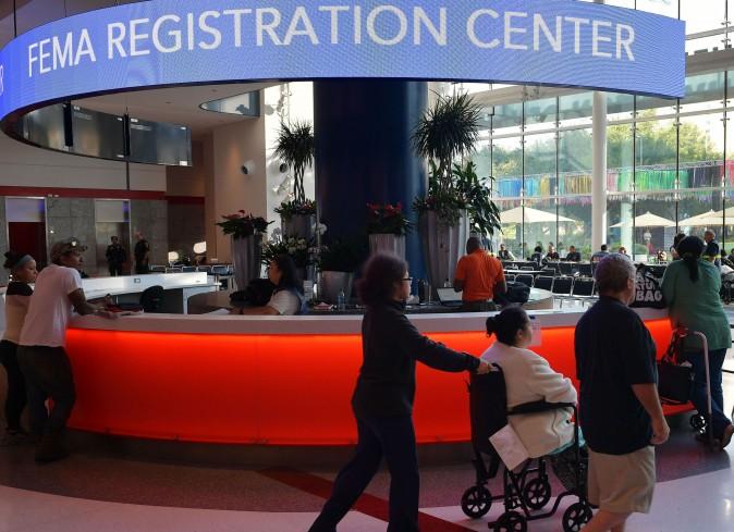 Federal Emergency Management Agency (FEMA) booth is seen at the George R. Brown Convention Center which has been a shelter for evacuees from Hurricane Harvey in Houston. Sept. 2, 2017. (Mandel Ngan/AFP/Getty Images)