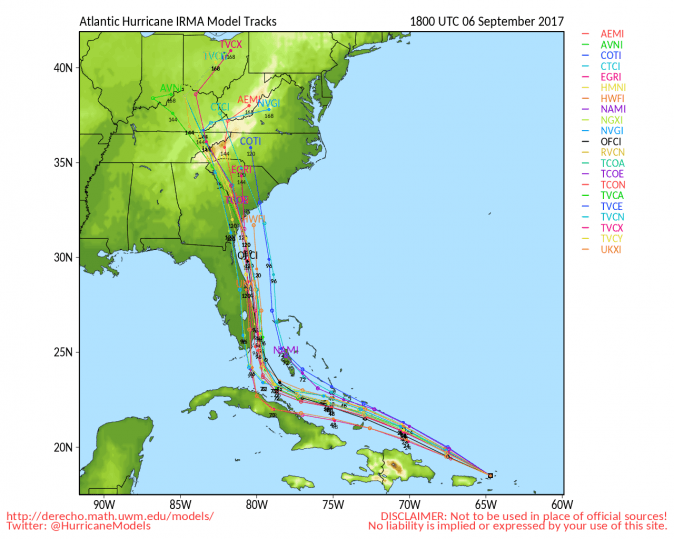 Models of Hurricane Irma's path as of Sept. 6, 2 p.m. EST. (University of Wisconsin)