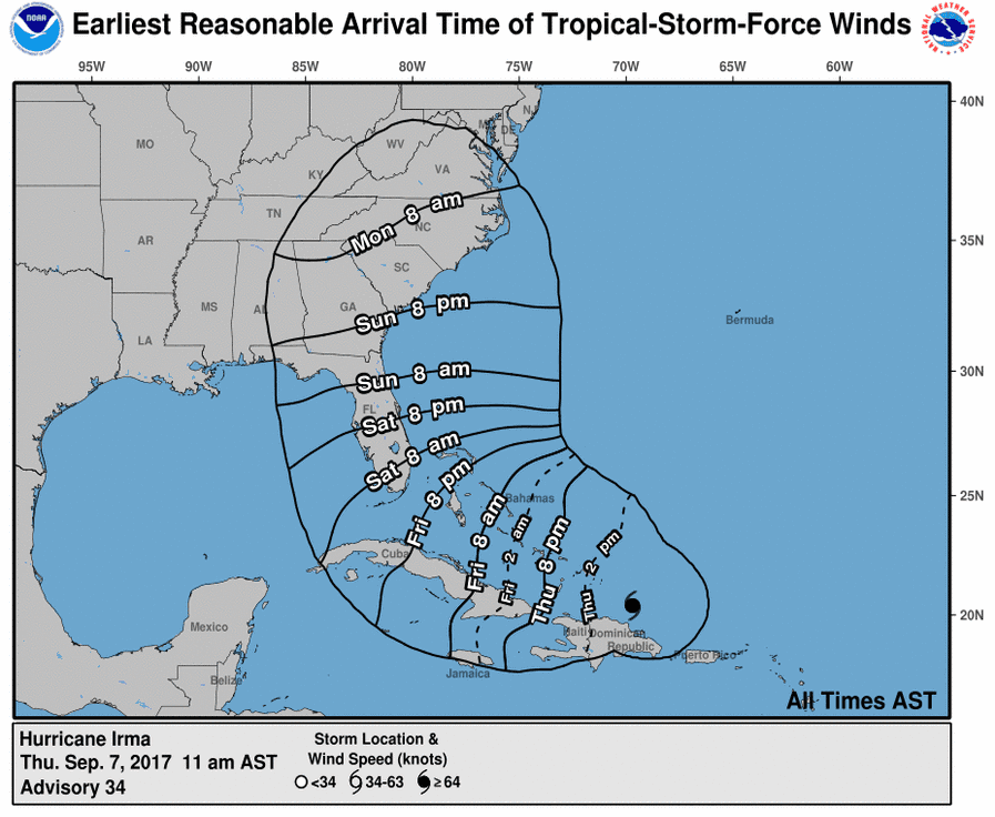 The latest update of Hurricane Irma's projected path from the National Hurricane Centre shows it hitting Florida between Friday night and Saturday morning (National Hurricane Centre)