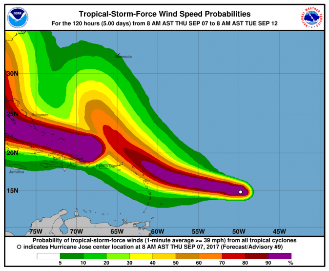 The NHC says Jose is threatening some of the same islands that were slammed by Hurricane Irma. (NOAA)