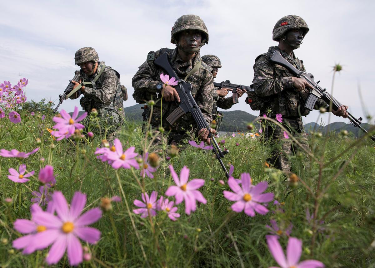 South Korean marines take part in a military exercise on South Korea's Baengnyeong Island, near the disputed sea border with the north, in this handout picture provided by South Korean Marine Corps and released by Yonhap on Sept. 7, 2017. (South Korean Marine Corps/Yonhap via REUTERS)