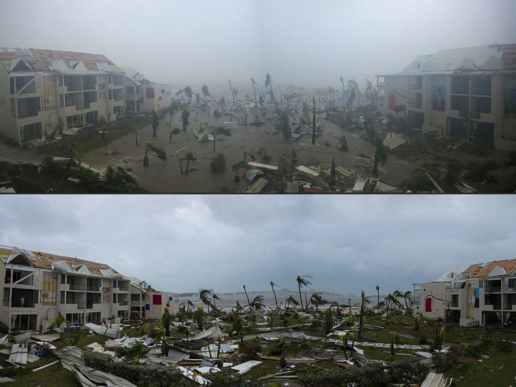 This combination of pictures created on September 7, 2017 shows panoramic photos taken on September 6, 2017 of the Hotel Mercure in Marigot, near the Bay of Nettle, on the French Collectivity of Saint Martin, during and after the passage of Hurricane Irma. (LIONEL CHAMOISEAU/AFP/Getty Images)