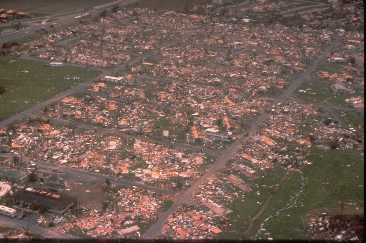 An aerial view of a mobile home park in Miami-Dade County, Florida, shows the damage Hurricane Andrew wrought in mid-August 1992. One million people were evacuated and 54 died in that hurricane. (Bob Epstein/FEMA News Photo/via Wikimedia Commons)