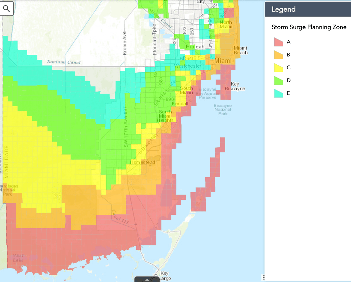 Miami-Dade is keeping residents updated to evacuation zones through this online map. All of Zone A is now under evacuation, as are the northern portions of Zone B. (Screenshot via Miami-Dade County Storm Surge Planning Zone)