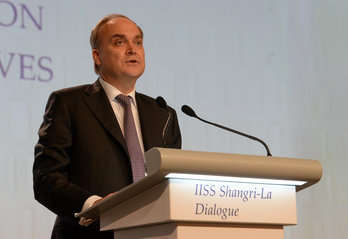 Russia's Deputy Minister of Defence Anatoly Antonov speaks during plenary session at the 15th International Institute for Strategic Studies (IISS) Shangri-La Dialogue in Singapore on June 5, 2016. (ROSLAN RAHMAN/AFP/Getty Images)