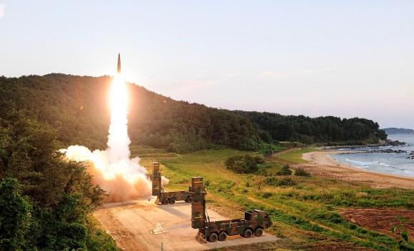 In this handout photo released by the South Korean Defense Ministry, South Korea's Hyunmu-2 ballistic missile is fired during an exercise aimed to counter North Korea's nuclear test on Sept. 4, 2017 in East Coast, South Korea. (South Korean Defense Ministry via Getty Images)