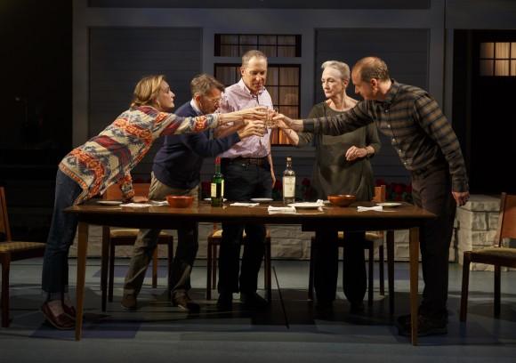 (L–R) Lisa Emery, Keith Reddin, David Chandler, Kathleen Chalfant, and Daniel Jenkins play siblings at the wake after their father's death. (Joan Marcus)