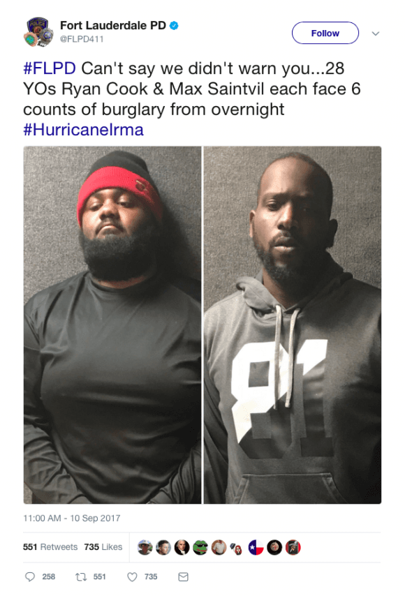 Ryan Cook and Max Saintvil were arrested in connection with the looting of six homes in Fort Lauderdale, Florida, on Sept. 10. (Fort Lauderdale Police Department)
