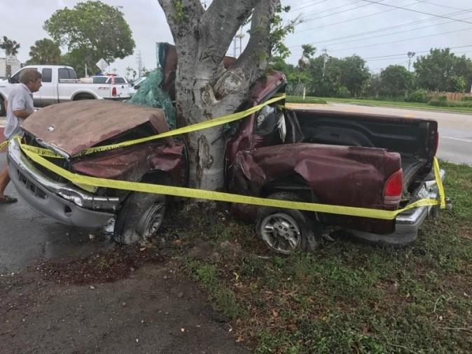 A man died when his pickup truck crashed into a tree in the Florida Keys during Hurricane Irma in Florida, in this handout photo obtained by Reuters Sept. 10, 2017. (Monroe County Sheriff's Department/Handout via Reuters)