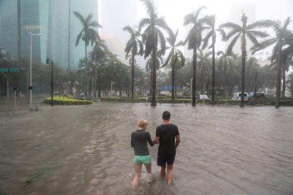 Flooding in the Brickell neighborhood as Hurricane Irma passes Miami, Fla., on Sept. 10, 2017. (Stephen Yang/Reuters)