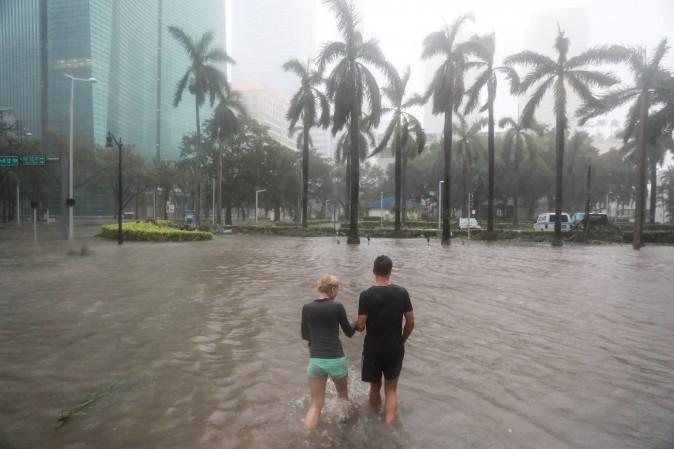 Flooding in the Brickell neighborhood as Hurricane Irma passes Miami, Fla., on Sept. 10, 2017. (Reuters/Stephen Yang)
