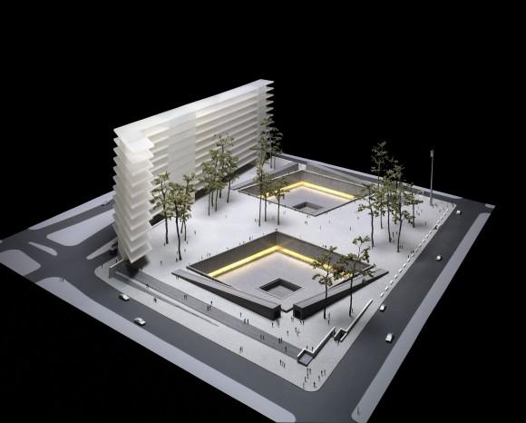 An artist's rendering of Michael Arad's "Reflecting Absence: A Memorial at the World Trade Center Site," Nov. 19, 2003 in New York City. (Lower Manhattan Development Corp. via Getty Images)