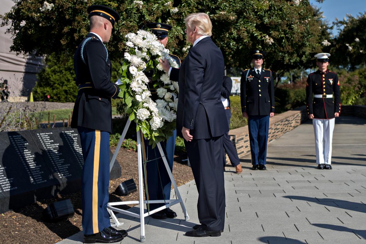 U.S. President Donald Trump lays a wreath at a ceremony commemorating the September 11, 2001 terrorist attacks at the Pentagon in Washington, D.C on Sept. 11, 2017. (Andrew Harrer-Pool/Getty Images)
