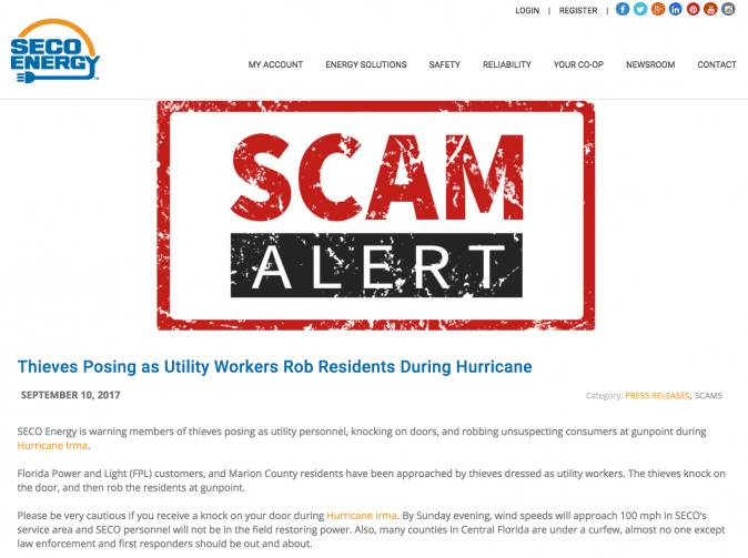 SECO warned customers of a violent scam that appears to be little more than internet rumors. (Screenshot via SECO Energy)